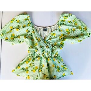 Arula Lemon Gingham Puff Sleeve Peplum Top Mint Green Yellow TDSW4705P